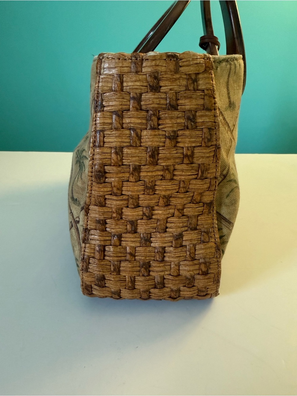 Vintage Fossil Tropical Palm-tree Print Canvass & Straw Bag w Wood Handles - Picture 12 of 15